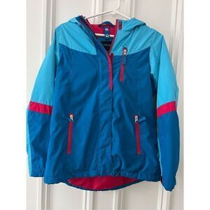 Lands’ End girls insulated winter jacket blue teal and bright pink 14